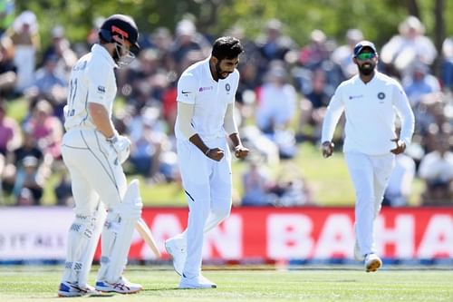 India's Jasprit Bumrah celebrates picking up a wicket