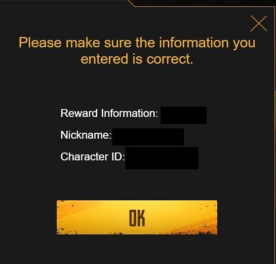 Dialogue box prompting verification of details