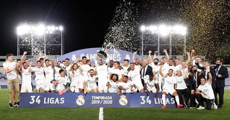 Real Madrid celebrate their record-extending 34th La Liga title.