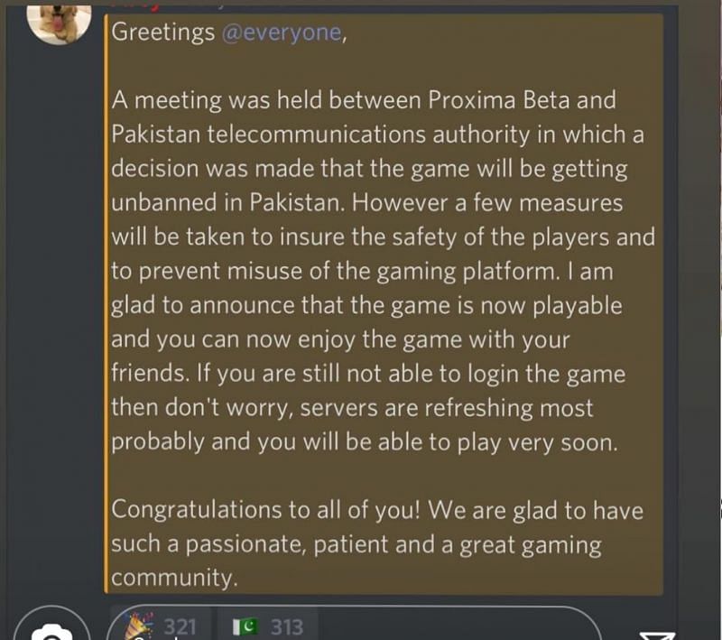 Screenshot from the official PUBG Mobile Discord announcing the game&#039;s unbanning
