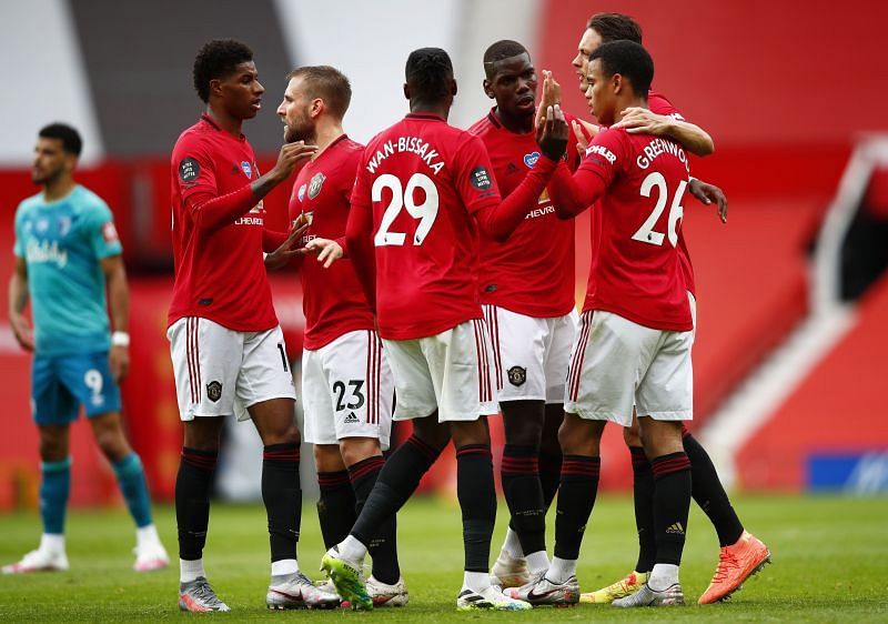 Manchester United stars celebrating after a goal against Bournemouth in their 5-2 win