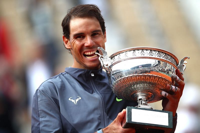 Rafael Nadal with the 2019 French Open trophy