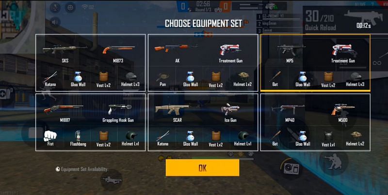 Equipment set selection menu
