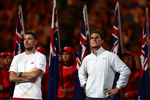 Stan Wawrinka (L) and Rafael Nadal at the Australian Open 2014 Trophy Ceremony