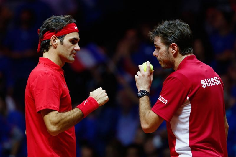 Roger Federer (L) and Stan Wawrinka (R) at the Davis Cup