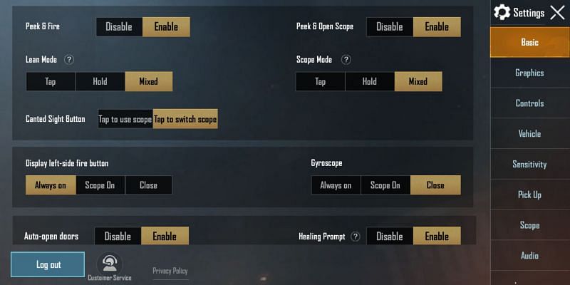 PUBG Mobile settings menu