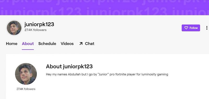 JuniorPK&#039;s new Twitch channel and follower count (Image Credits- twitch.tv)