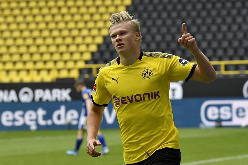 Erling Braut Haland after scoring a goal for Borussia Dortmund.