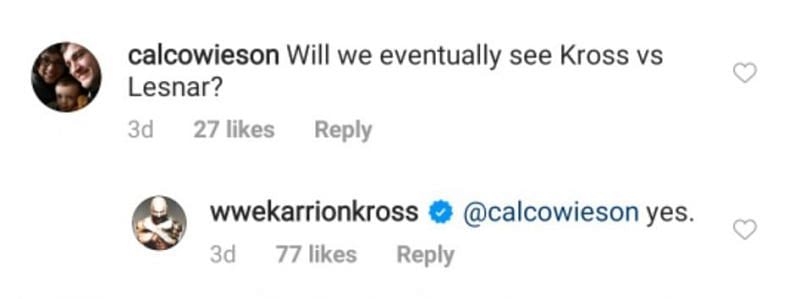 Karrion Kross replying to a fan&#039;s question about facing Brock Lesnar