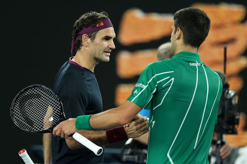 Roger Federer (L) and Novak Djokovic at Australian Open 2020