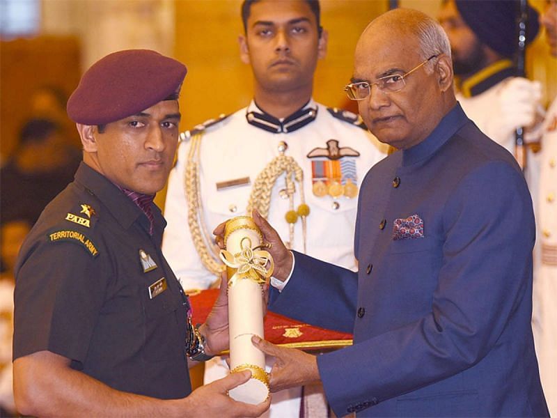Lieutenant Colonel MS Dhoni receives the Padma Bhushan