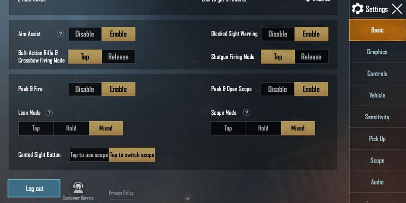 PUBG Mobile settings menu
