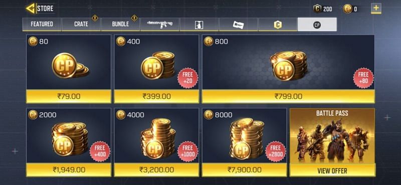 Various amount of CP that can be purchased in COD Mobile