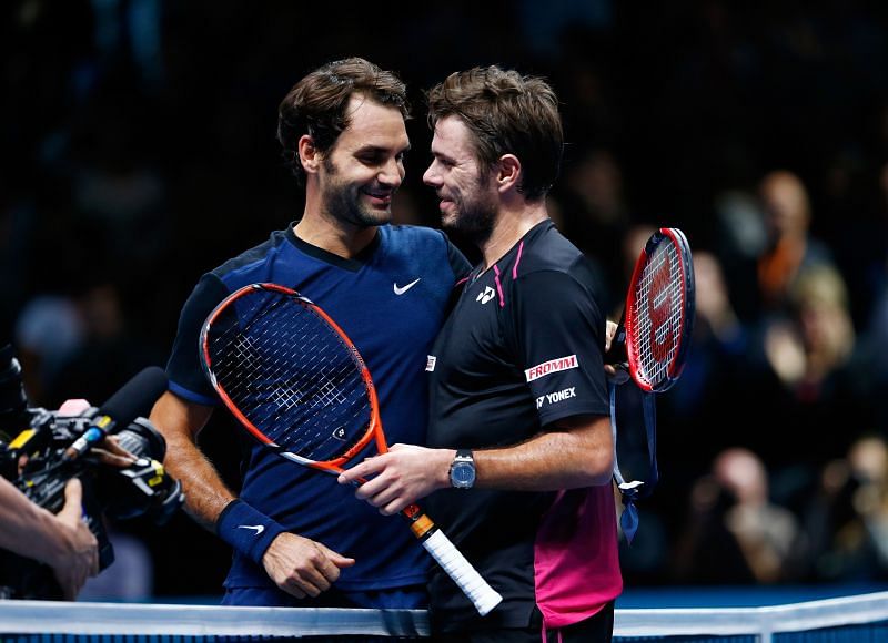 Roger Federer(L) and Stan Wawrinka at the 2015 ATP World Tour Finals