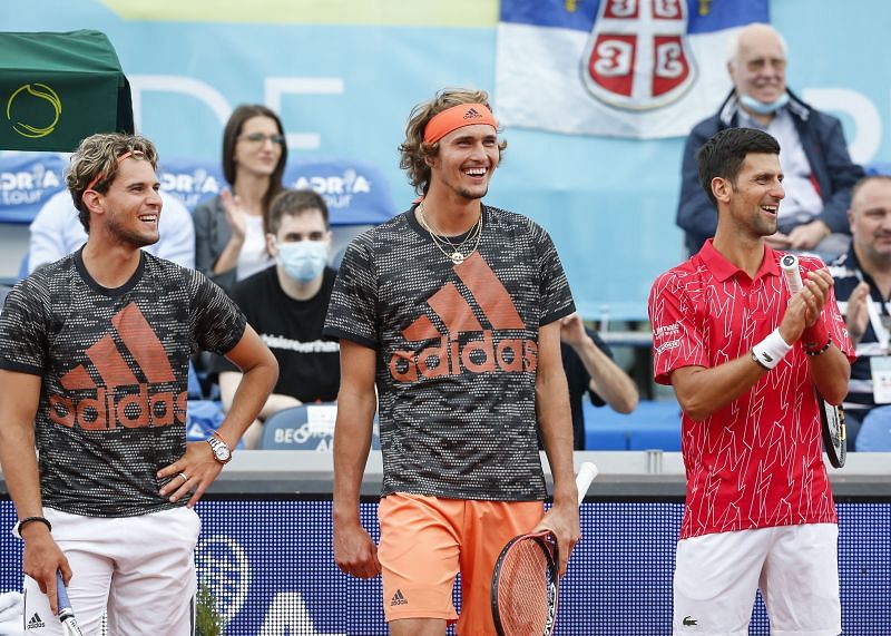 Dominic Thiem (left), Alexander Zverev and Novak Djokovic at the Adria Tour