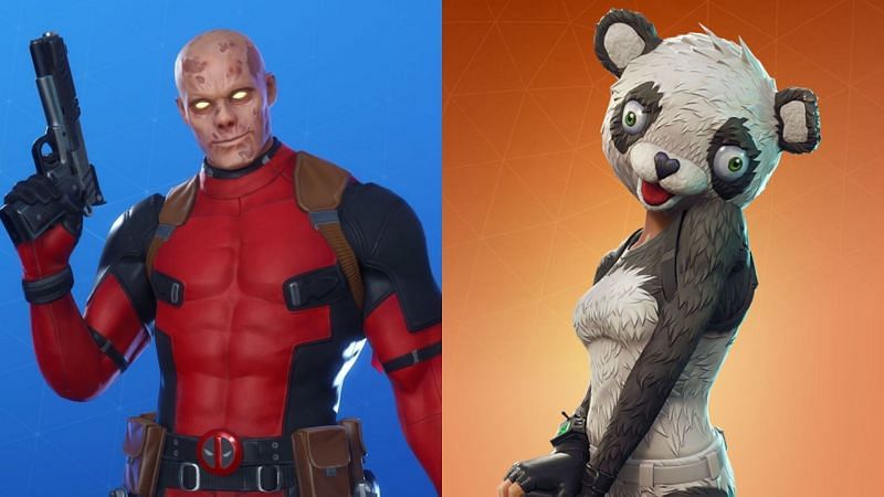 The unmasked Deadpool skin (L) and the Panda Leader Skin (R)