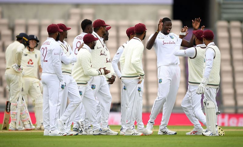 Teammates congratulate Jason Holder for another fruitful review.