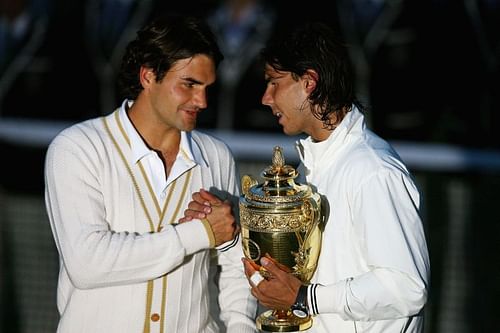 Roger Federer congratulates Rafael Nadal after their epic at Wimbledon 2008