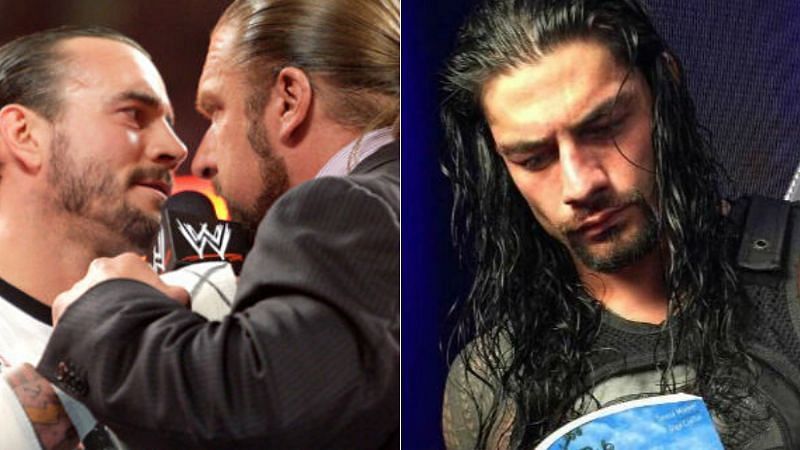 CM Punk and Triple H (left); Roman Reigns (right)