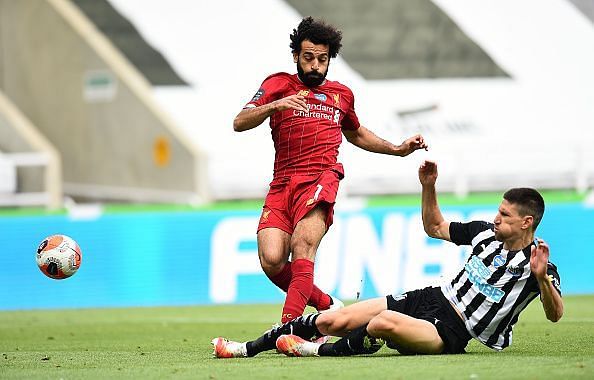 Salah was denied by a stunning Federico Fernandez tackle while he was through on goal