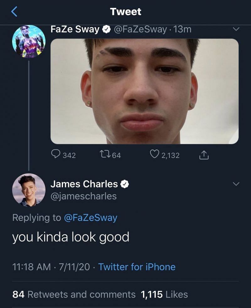 Fortnite Beauty Guru James Charles Reacts To Faze Sway S Selfie Deletes It On Realizing He S 16