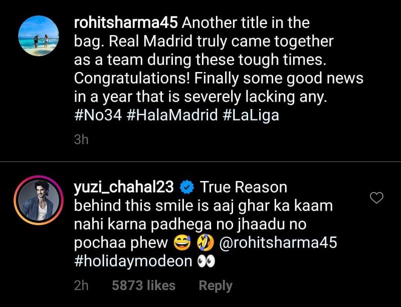 Yuzvendra Chahal's comment on Rohit Sharma's recent Instagram post