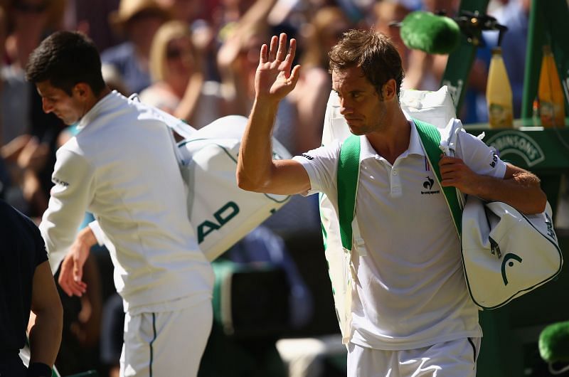 Novak Djokovic (L) and Richard Gasquet at Wimbledon 2015