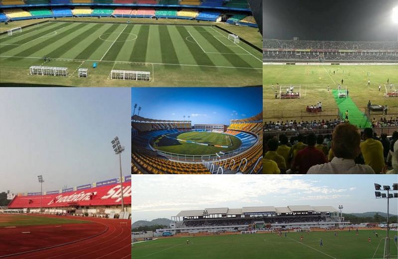 Football Venues in Kerala (Top-Bottom Clockwise): JLN Kochi, EMS Kozhikode, Payannad Stadium, Chandrasekharan Nair Stadium, Greenfield Stadium