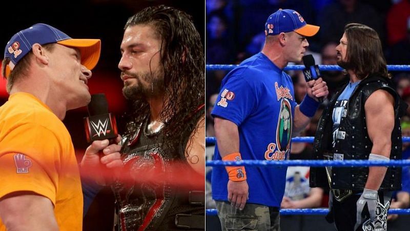 John Cena and Roman Reigns (left); John Cena and AJ Styles (right)