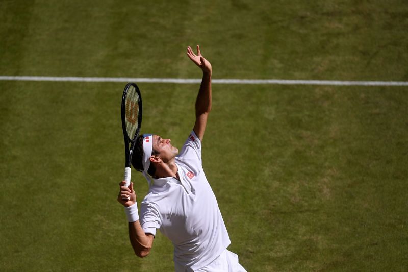 Roger Federer serves at 2019 Wimbledon Championships