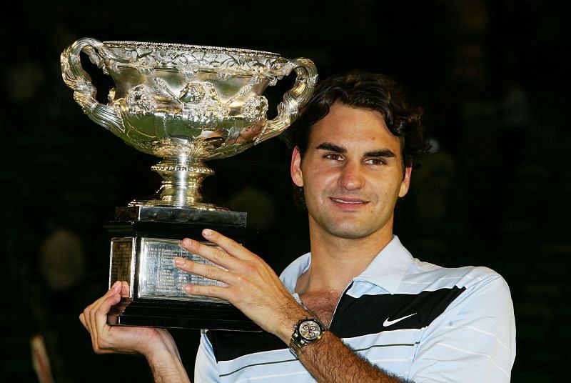 Roger Federer poses with the 2007 Australian Open trophy