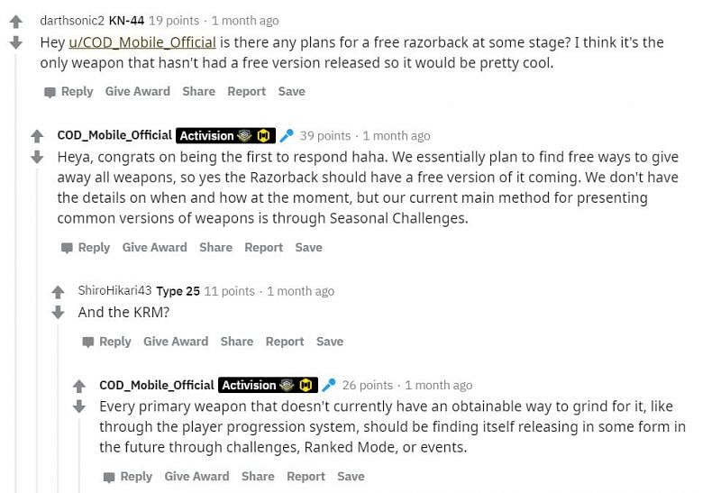 The COD Mobile reddit comment section on the Community Update post.