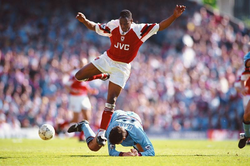 Arsenal&#039;s Ian Wright in action for the Gunners