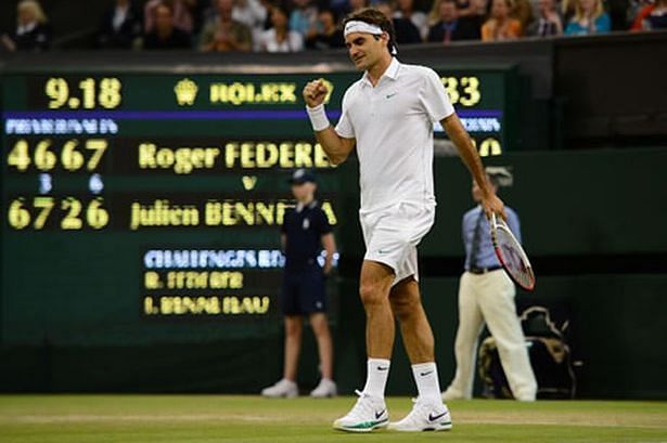 Roger Federer exults after beating Julien Benneteau at Wimbledon 2012