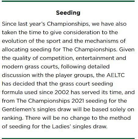 Wimbledon announcing change in seeding system