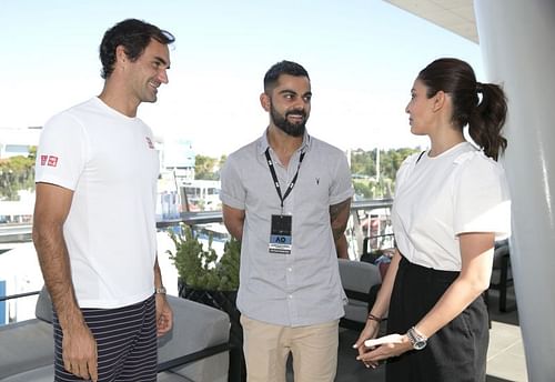 (From L to R) Roger Federer, Virat Kohli and Anushka Sharma