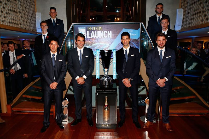 (From L to R) Kei Nishikori, Roger Federer, Novak Djokovic and Stan Wawrinka at ATP Tour Finals