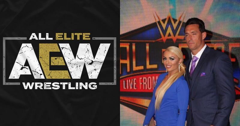 AEW logo, Mandy Rose and Tino Sabbatelli at the WWE HOF ceremony in 2018.