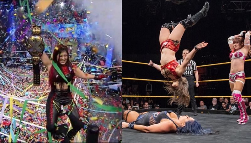 Io Shirai with the NXT Women&#039;s Championship; AEW&#039;s Rebel in her WWE NXT match against Io Shirai and Kairi Sane