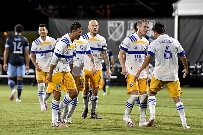 The San Jose Earthquakes players celebrate after pulling off an incredible comeback win over Vancouver