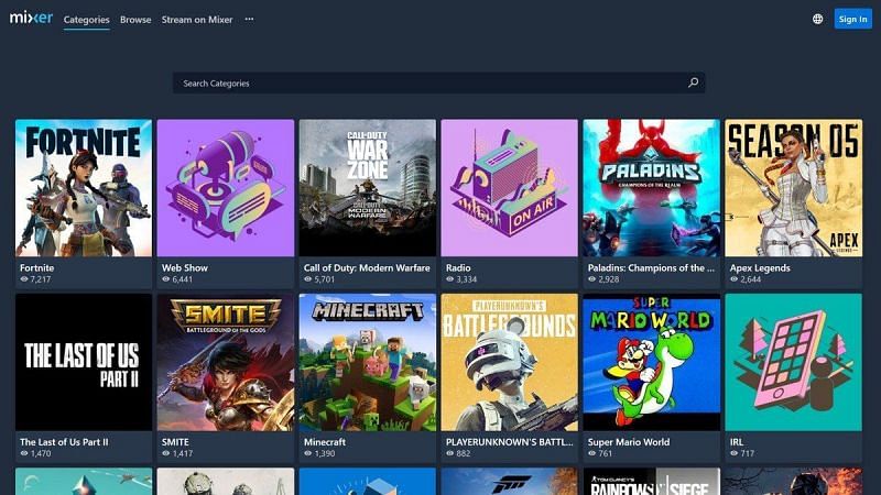 Mixer&#039;s live-streaming home page