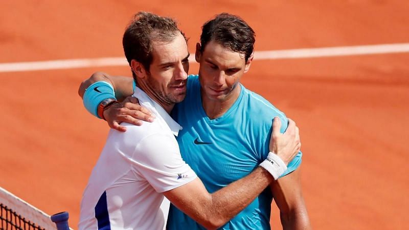 Rafael Nadal (right) after beating Richard Gasquet at 2018 Roland Garros