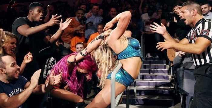 Charlotte Flair and Sasha Banks during their feud for the WWE RAW Women&#039;s Championship