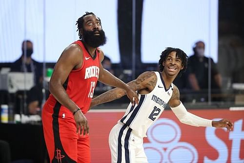 James Harden and Ja Morant in action in yesterday's NBA scrimmage.