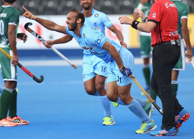Ramandeep Singh of the Indian hockey team celebrates a goal