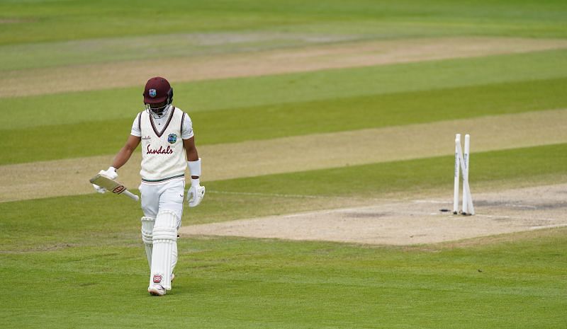 West Indies&#039; Shai Hope walks back after his dismissal in the second Test.