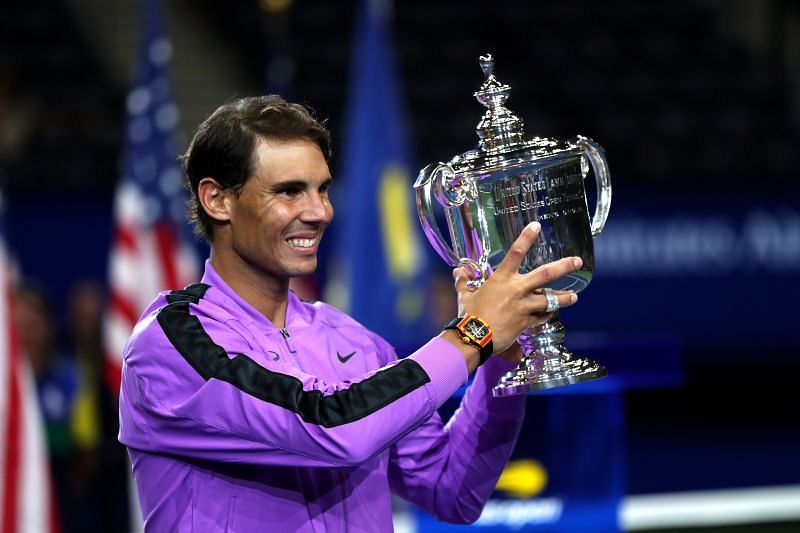 Rafael Nadal lifting the 2019 US Open title