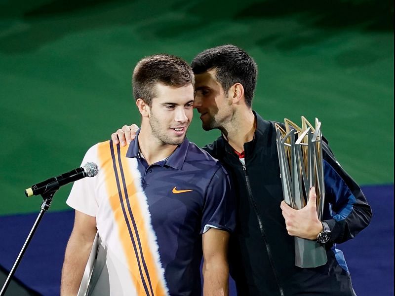 Borna Coric (L) and Novak Djokovic at the 2018 Rolex Shanghai Masters