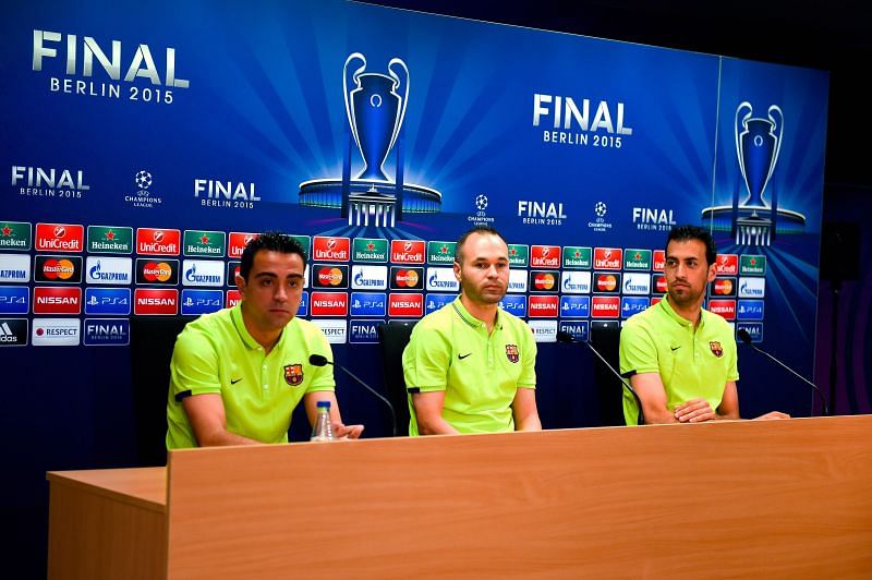 Barcelona&#039;s Xavi Hernandez (left), Andres Iniesta (centre) and Sergio Busquets before the 2015 Champions League final.