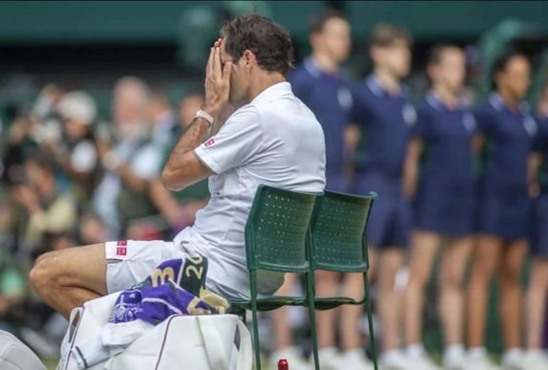 Roger Federer looking visibly distraught after losing the Wimbledon 2019 final